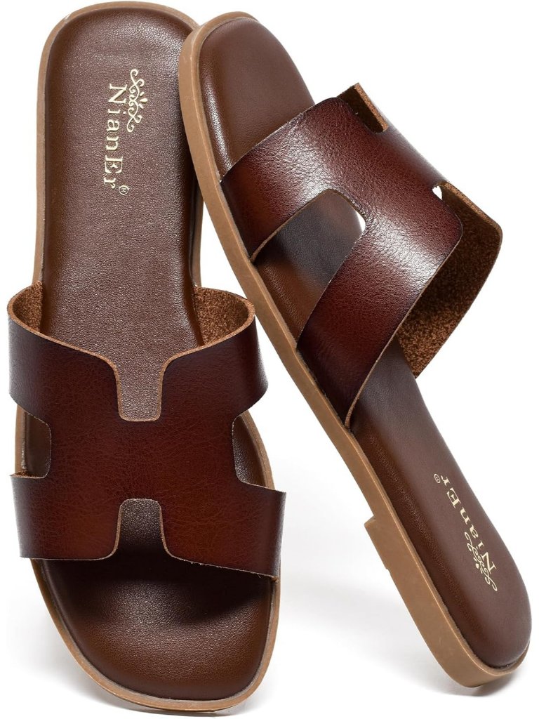 Nianer Women's Coffee Leather Comfortable Casual Summer Flats Sandals Shoes